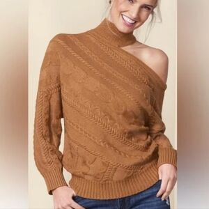 Cabke Knit Tan Off Shoulder Sweater Sexy Flirty Coquette feminine